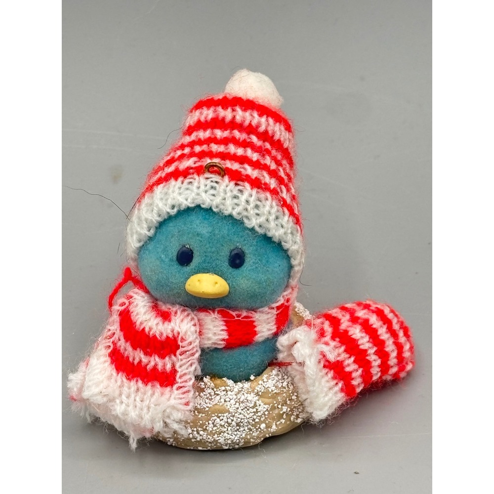 Vintage 1990 American Greetings Flocked Blue Bird Christmas Ornament Red White